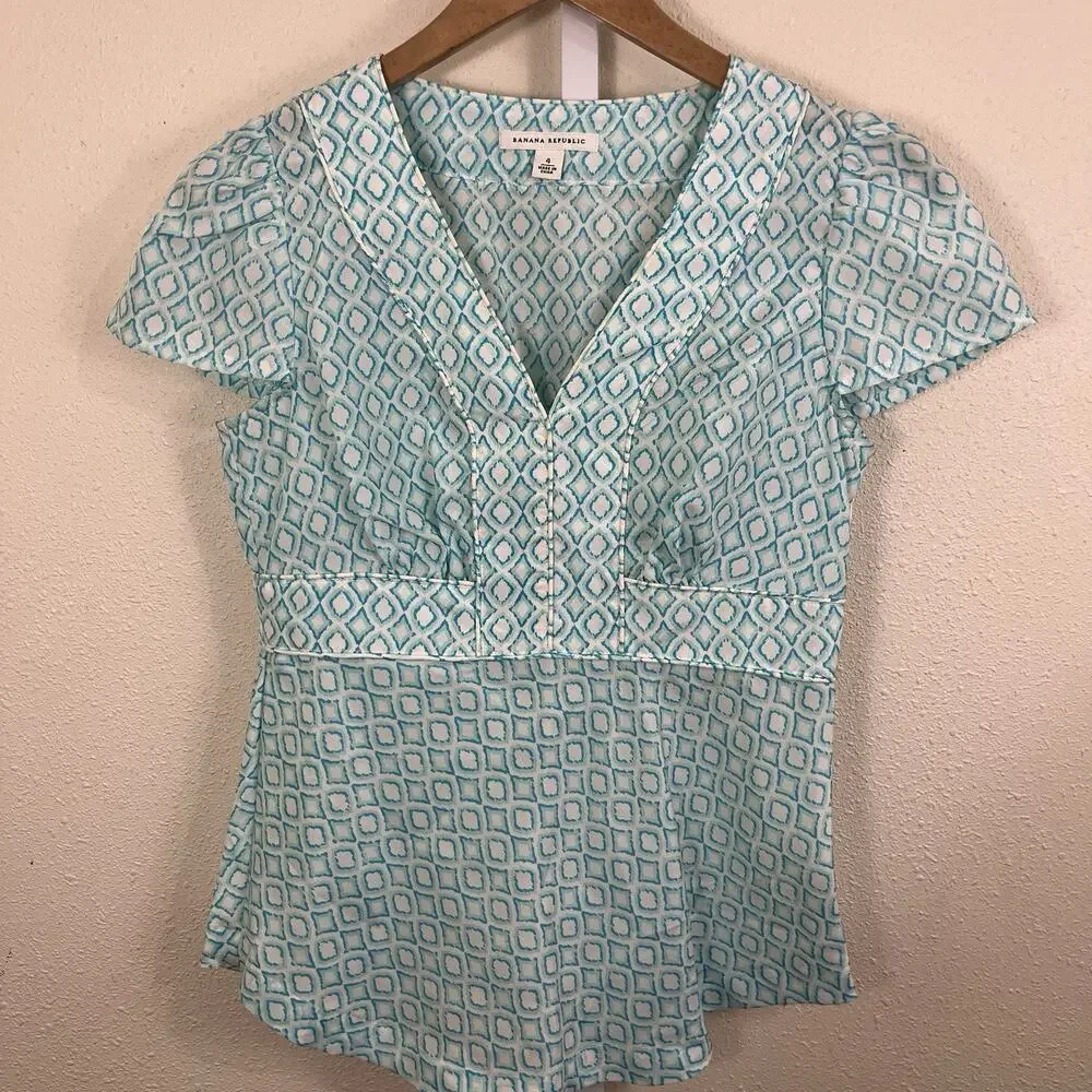 Banana Republic Silk Blouse Women’s 4 Geometric Print Puff Sleeve 2008 2000s